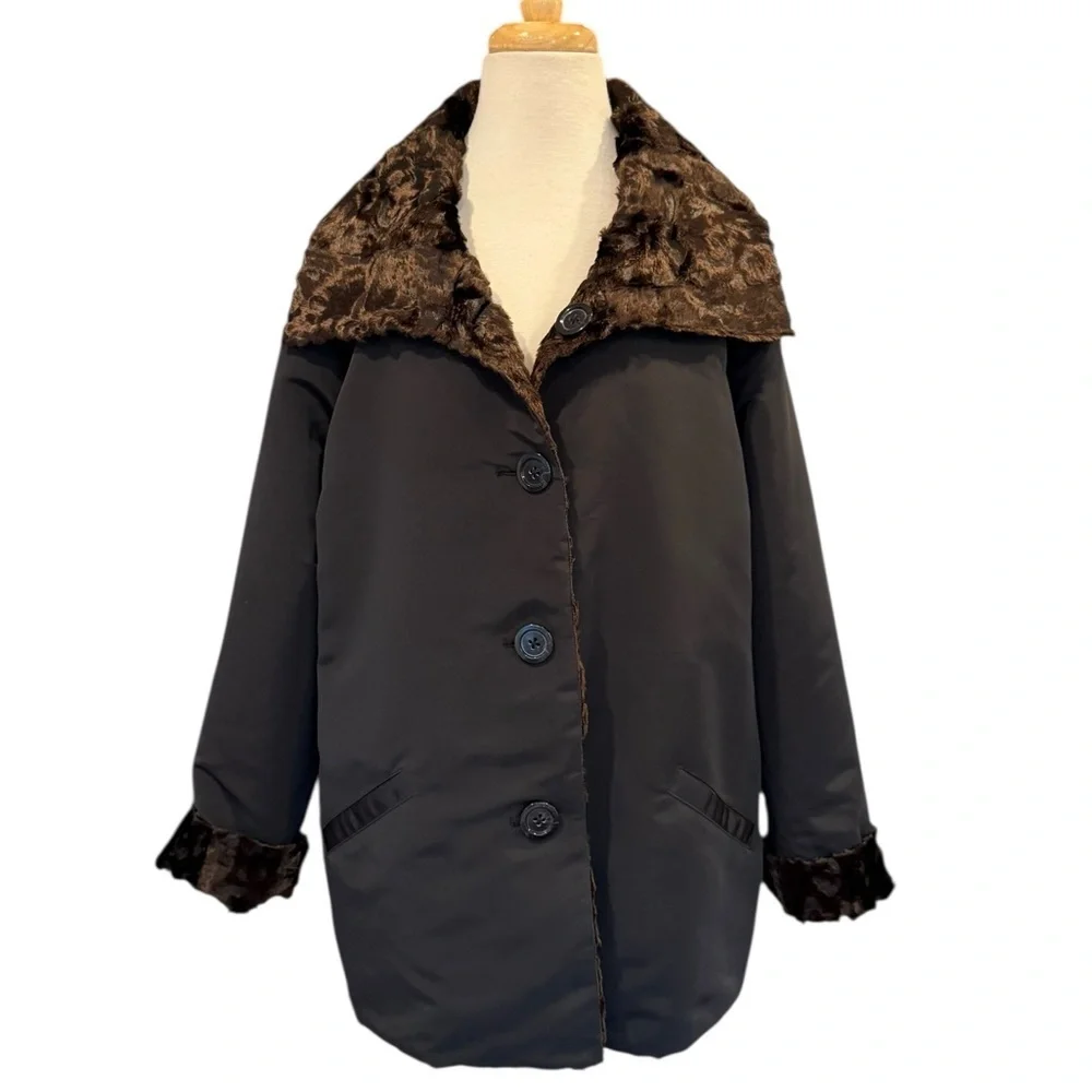 Chicos Reversible Brown Faux Fur Coat Jacket Brown Black Winter Large Chico’s 3 - Picture 5 of 12